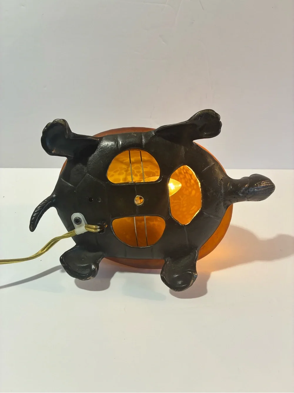 Vintage Amber Glass Turtle Lamp Bronze Tone Cast Metal 8.5